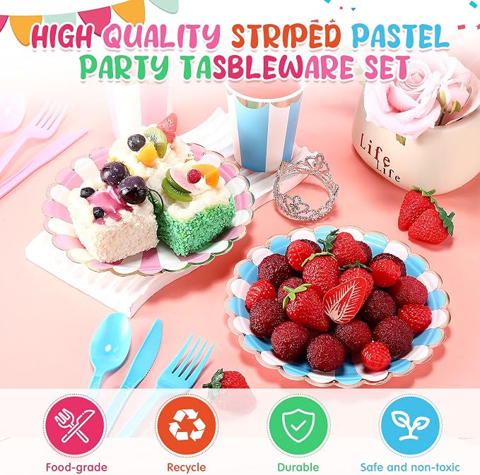 Mimorou 150 Pcs Pastel Scalloped Paper Plates Disposable Macaron Party Plates 7 Inch Gold Edge Colorful Dinnerware Set Striped Pastel Rainbow Tableware for Wedding Birthday Baby Shower Party Supplies