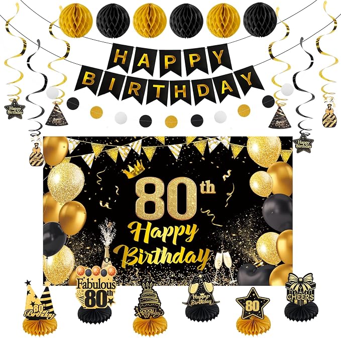Happy 80th Birthday Party Decoration: Including Birthday Banner Backdrop, Party Table Centerpieces and Hanging Swirl Party Streamers, Birthday Decor for Men and Women (Gold/Black, 80th Birthday)