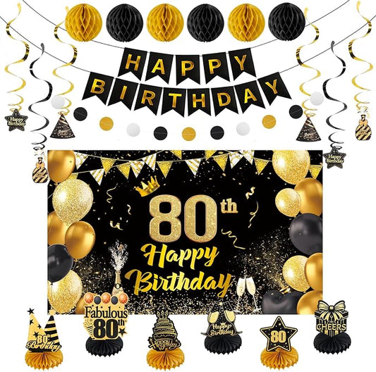 Happy 80th Birthday Party Decoration: Including Birthday Banner Backdrop, Party Table Centerpieces and Hanging Swirl Party Streamers, Birthday Decor for Men and Women (Gold/Black, 80th Birthday)