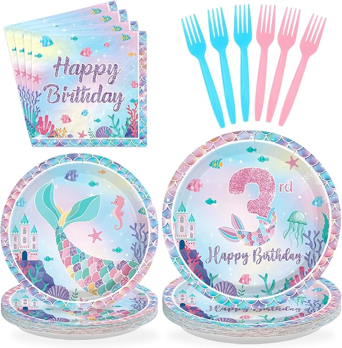 96Pcs Mermaid 3rd Birthday Party Decorations Mermaid 3rd Plates and Napkins Sets Under the Sea Theme 3 Years Old Decorations for Girls Boys Ocean Birthday Party Supplies Serves 24