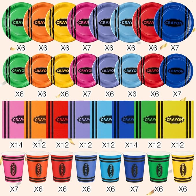 Pickmesh 250 Pcs Crayon Party Disposable Tableware Set Paper Plates and Napkins Cups Supplies Tea Party Theme Dinner Dinnerware for Birthday Bridal Baby Shower Wedding Decoration Serves 50