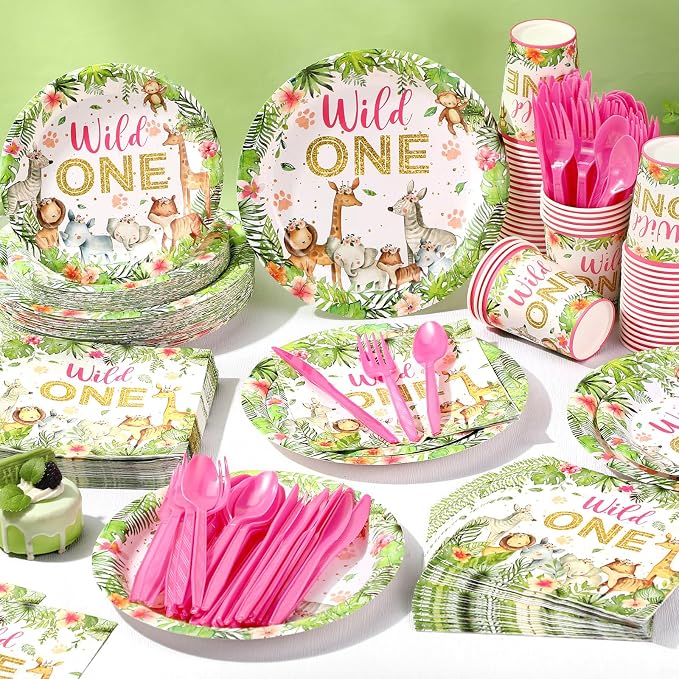 Funnymoom 400 Pcs Wild One Birthday Party Supplies for 50 Guests 1st First Safari Jungle Baby Shower Disposable Plate Napkin Cup Spoon Fork Knives for Girls Animal Party Decoration