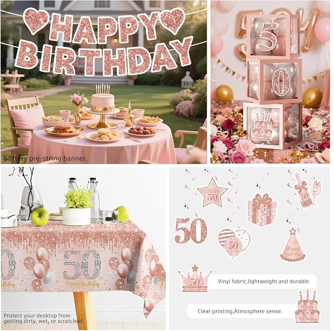 cocomigo 241pcs Rose Gold Happy 50th Birthday Decorations With Crown and Sash, Balloon, Rain Curtains, Plates and Napkins, Service 25 Guests, For Women's 50th Birthday Party
