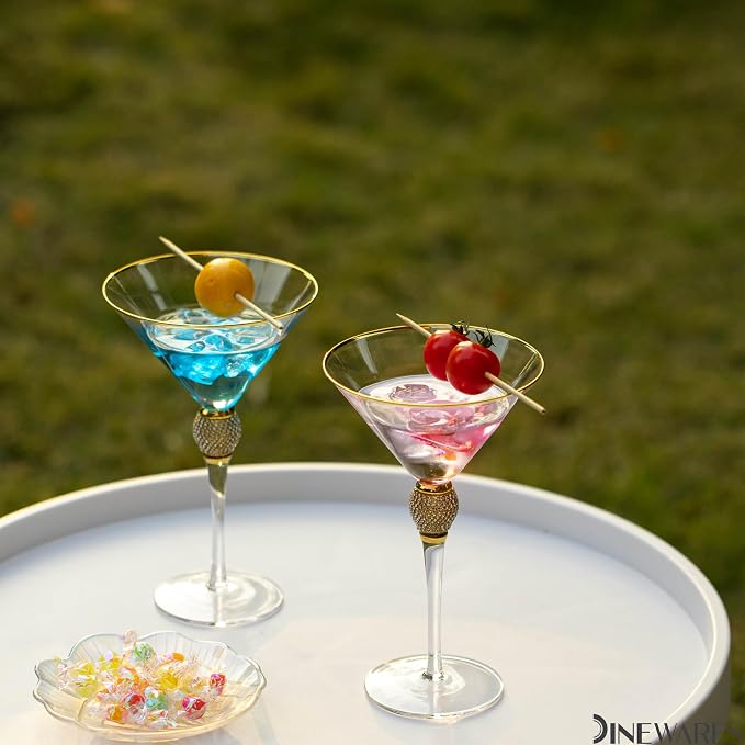 2 Piece Premium Clear Stem Crystal Martini Glasses with Gold Rim and Diamond-like Rhinestones, Elegant 10oz Glassware Set for Cosmopolitan, Vodka, Gin and Other Cocktails, Fancy Manhattan Drinkware