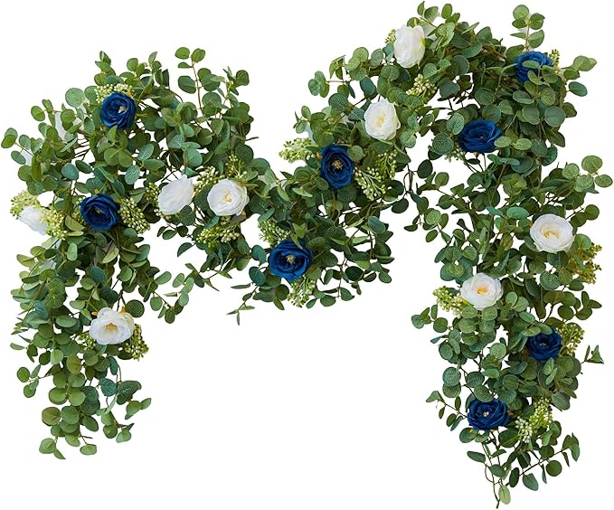 PARTY JOY 2pcs 6.56ft Eucalyptus Garland with Flowers-8 Blue White Roses, Artificial Fake Flowers Greenery Garland Floral Vines for Decoration Party Wedding Table Indoor Outdoor Backdrop Wall Decor