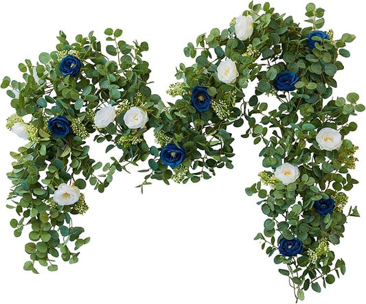 PARTY JOY 2pcs 6.56ft Eucalyptus Garland with Flowers-8 Blue White Roses, Artificial Fake Flowers Greenery Garland Floral Vines for Decoration Party Wedding Table Indoor Outdoor Backdrop Wall Decor