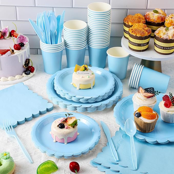Tegeme 256 Pcs Light Blue Party Supplies Paper Plates Napkins Tablecloths Baby Blue Disposable Plastic Cups Forks Knives Spoons Serve 36 Guests for Birthday Baby Shower Wedding Dinnerware Decoration