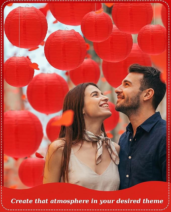 Treela 48 Pcs Paper Lanterns Party Decorations Chinese Round Paper Decor 4/6/8/10 Inch Asian Hanging Lamps Decorative for Graduate Wedding Birthday Party Bridal Parties Supplies(Red)