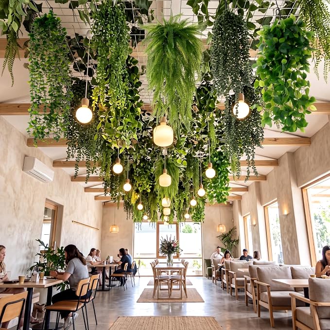 Daifunli 60 Pcs Artificial Hanging Plants Fake Hanging Ferns Plastic Fake Plant for Wall Room Garden Garland Indoor Outdoor Decor No Basket (Boston,Eucalyptus,Ivy Vine,String of Pearls)