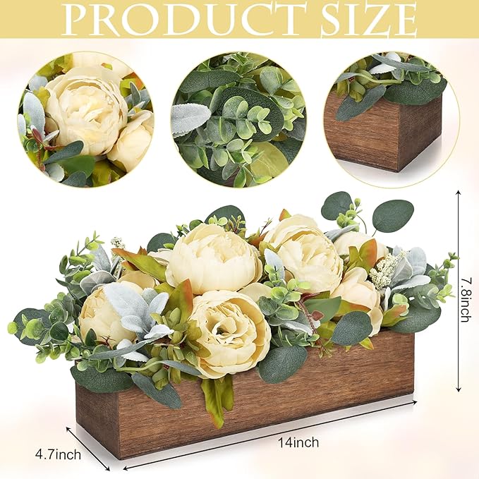 Flower Table Centerpieces for Dining Room, Summer Artificial Peony Table Centerpieces Wood Tray with Fake Flowers for Wedding Living Room Party Bar Kitchen Table(Champagne)