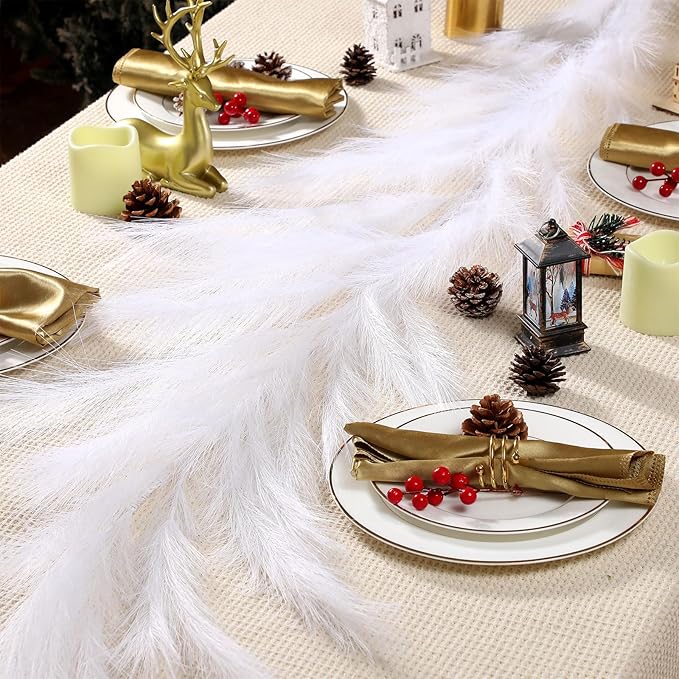 2025 2 Pcs 6 ft Christmas Tree Garland Decoration Pampas Grass Garland Faux Artificial Fabric Feathers Boho for Mantle Xmas Tree Home Farmhouse Christmas Holiday Party Supplies(White)