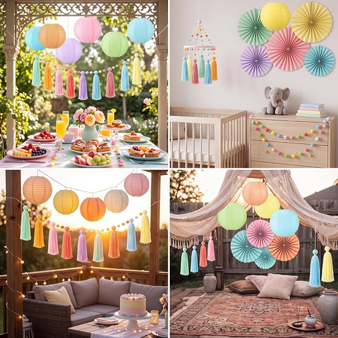 Feifeiya 20 Pcs Pastel Party Decorations for Classroom include 9 Hanging Paper Lanterns 9 Paper Fans 2 Pastel Rainbow Tassel Garland for Classroom Home Decor Birthday Baby Shower Wedding Supplies