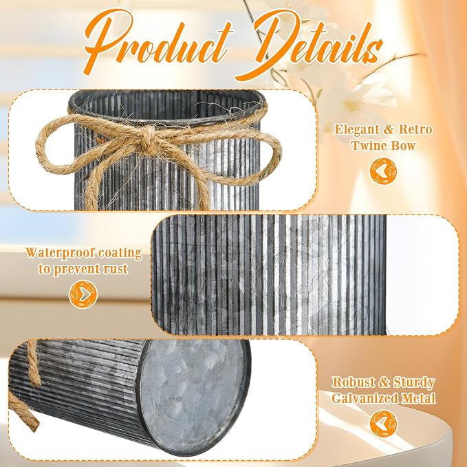 Rustic Vase for Table Centerpieces 4.33 Inch Small Petite Flower Vase with Twine Bow Vintage Farmhouse Decor for Wedding Reception Dining, Home Galvanized Metal Buckets(Iron Color,36 Pcs)