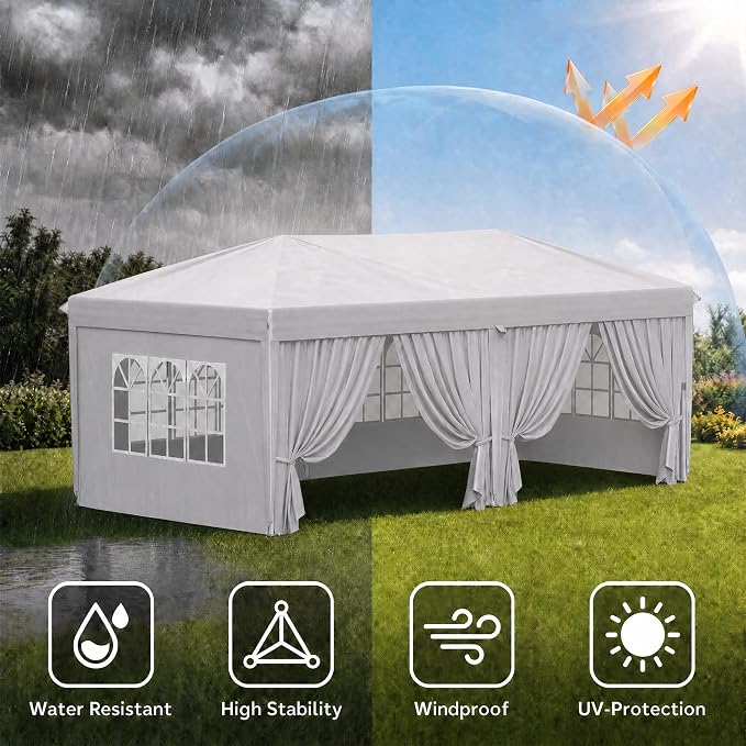 KIGOTY 10x20 FT Portable Pop Up Canopy Tent, Adjustable Height Instant Gazebo with Sidewalls, Sandbags, Waterproof Outdoor Canopy for Camping, Parties, Vendor Events (White, 3m × 6m with sidewalls)