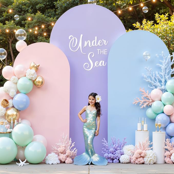 Set of 3 Arch Backdrop Covers(6ft, 5ft, 4ft) - Premium Stretchy Spandex Backdrop Arch Stand Cover for Baby Shower,Wedding,Party Decor Chiara Cover with Double-Sided Design(Pink Blue Lavender)
