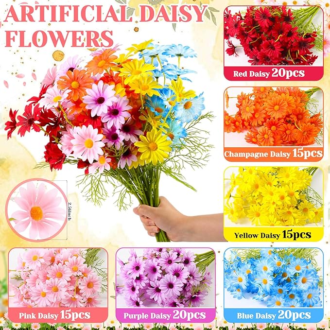 Giegxin 100 Pcs Artificial Daisy Flowers Bulk Realistic Fake Daisies Faux Wildflower Daisy UV Resistant Silk Fake Flowers Plants for Outside Wedding Garden Home Table Decor (Mix Colors)