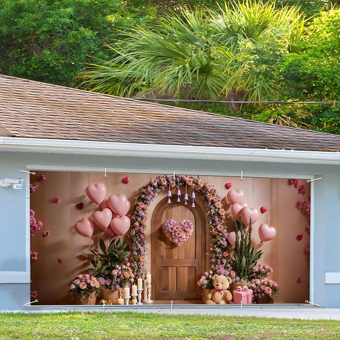 7x16ft Garage Door Banner,Pink Floral Heart Backdrop with Balloons,Large Waterproof Romantic Party Decor for Wedding Birthday Mother's Day,Outdoor Indoor Home Wall,Photo Booth Background