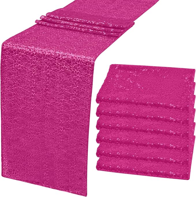 6 Pack Hot Pink Valentine's Day Sequin Table Runner 12" x 72" Sparkle Table Runner for Baby Bridal Shower Wedding Birthday Party Table Decor (Hot Pink)