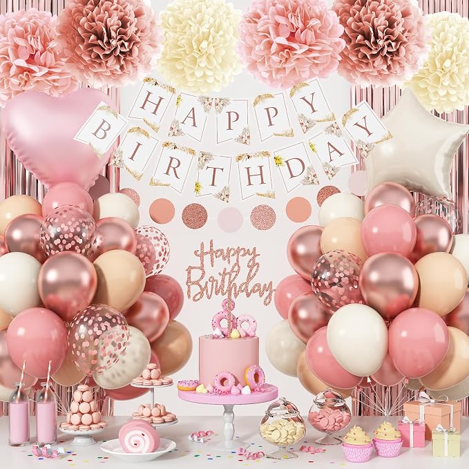 Jobkoo Pink Birthday Decorations for Women, Boho Dusty Pink Rose Gold Blush Beige Latex Balloons Happy Birthday Banner Foil Fringe Curtain Tissue Paper Pompom for Woman Girls Party Decoration Supplies