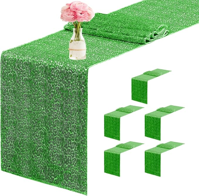 6 Packs 12 x 72 inches Sequin Table Runner, Grass Green Glitter Table Runner for Birthday Party Supplies Wedding Engagement Baby Shower Holiday Celebration Event Decorations