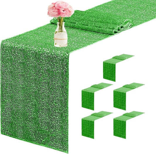6 Packs 12 x 72 inches Sequin Table Runner, Grass Green Glitter Table Runner for Birthday Party Supplies Wedding Engagement Baby Shower Holiday Celebration Event Decorations