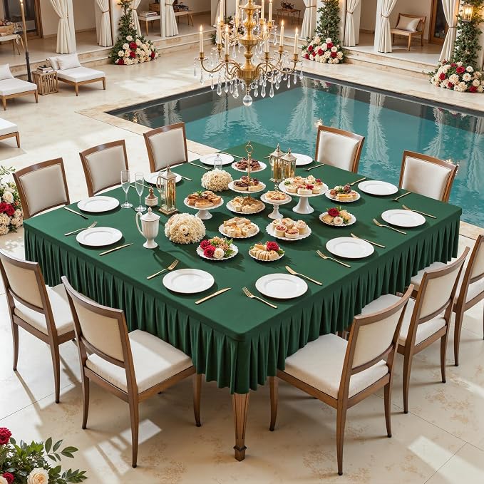 Wish Care Hunter Green Spandex Tablecloths for 60x60 Inch Square Tables, Stretch Fitted Table Clothes with Pleated Ruffle Skirt for 60” Table, Wrinkle Free and Elastic, for Party Kitchen Home Dining