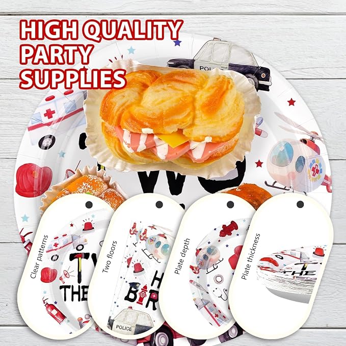 Grencian 96Pcs Two the Rescue Birthday Decorations Emergency Vehicle Theme Plates and Napkins Fire Truck Tableware Ambulance Dinnerware for Kid Emergency Vehicle 2 Years Old Birthday Party Decorations
