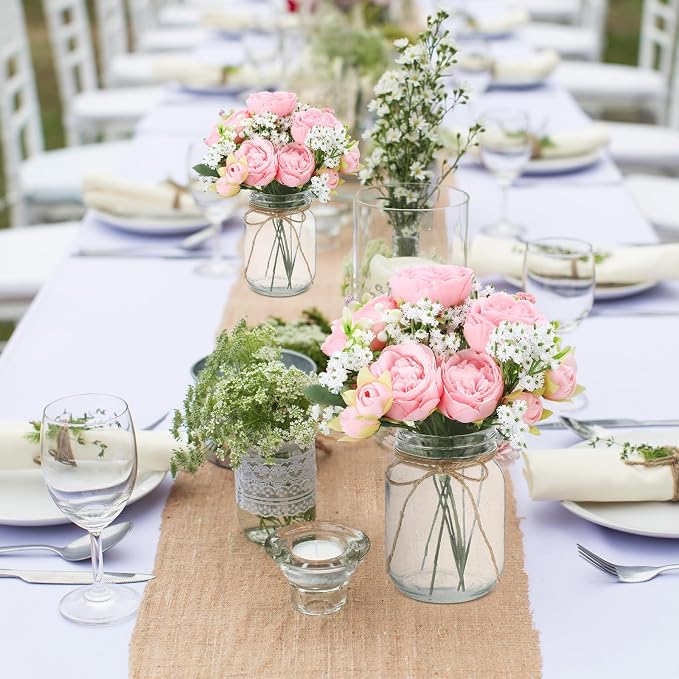 Zeyune 6 Sets Mason Jar Centerpiece Table Decorations, Artificial Peony Baby's Breath Flower Bouquets, Faux Flowers with Vase, Rustic Decor Gifts for Home, Wedding, Holiday (Light Pink)