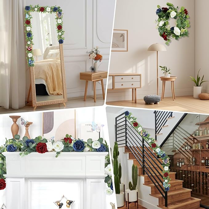 5.9 FT Artificial Eucalyptus Flower Garland with Butterflies - Fake Rose Faux Greenery Eucalyptus Garlands for Wedding Table Backdrop Arch Centerpieces Decorations - Navy Blue & Burgundy& White