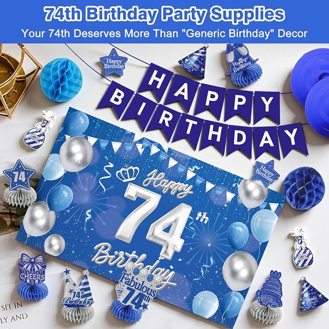 Happy Birthday Party Decoration Set: Including Birthday Banner Backdrop, Party Table Centerpieces and Hanging Swirl Party Streamers, Birthday Decor Suppliers for Men and Women (Blue, 74th Birthday)