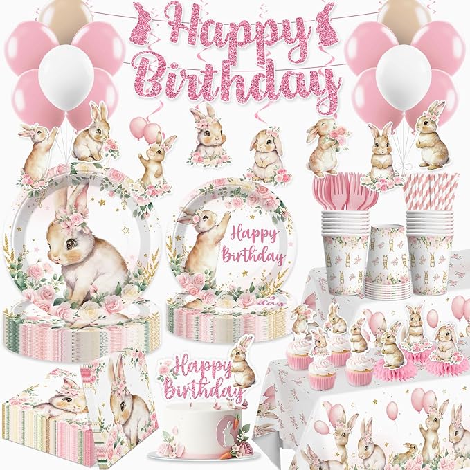 Xynic 205pcs Bunny Birthday Decorations Complete Tableware Set, for 25 Guests, Pink Bunny Party Decorations Girl, Includes Banner Hanging Swirls Plates Napkins Balloons Caketopper Tablecloths