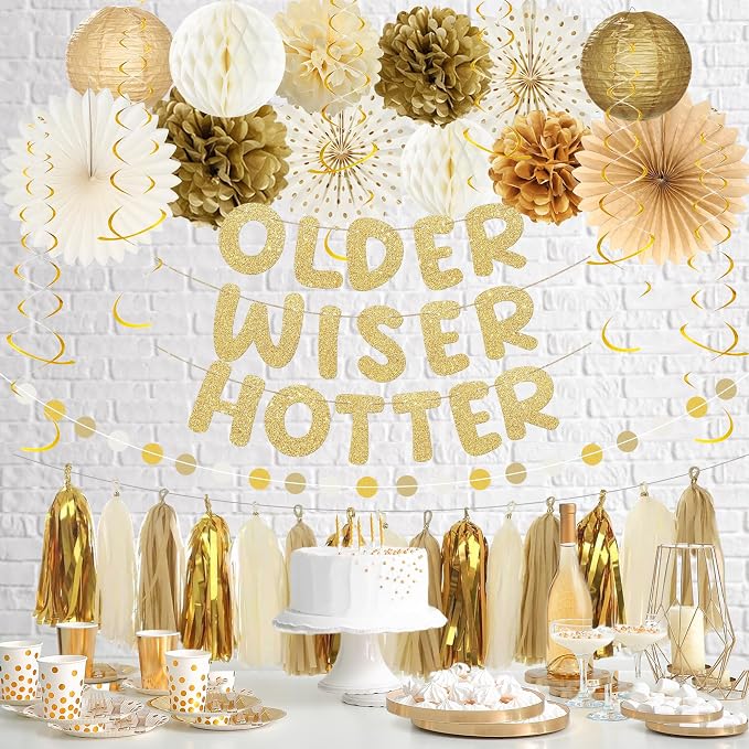 Roetyce Birthday Party Decorations, Gold Glitter Older Wiser Hotter Banner Photo Background for Women Men, Funny Happy Birthday Backdrop Decor, 30th 40th 50th 60th 70th 80th Party Supplies