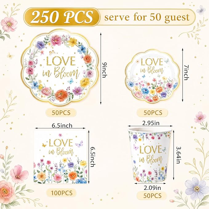 Pickmesh 250 Pcs Love in Bloom Bridal Shower Disposable Tableware Set Floral Love in Bloom Disposable Paper Plates Napkins and Cups for Wedding Party Supplies Bridal Shower Engagement, Serve 50 Guest