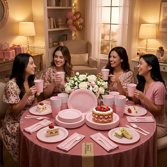 Tinybee 352 Pcs Pink Plastic Plates Party Set, 50 Guests Disposable Dinnerware Set with tablecloths Pink Disposable Plates Set for Wedding/Mother's Day/Birthday/Baby Shower