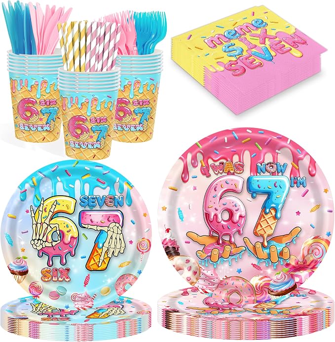 152PCS 6 7 Meme Birthday Party Supplies,I Was 6 Now I'm 7 Birthday Decorations Tabware Set,Include Plates Napkins Cups,Knife, Fork,Boys Girls 6th 7th Birthday Party Decor,Serves 20 ﻿