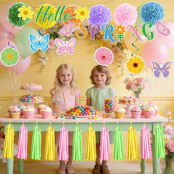 Rakuto Hello Spring Party Decorations, Hello Spring Banners Hanging Swirls Paper Pom Poms and Paper Tassels, Colorful Butterflies Flowers Party Decor