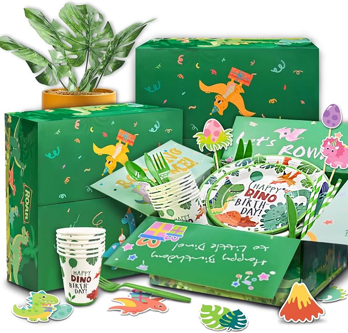 258 pcs Dinosaur Birthday Party Decorations For Boy,20 Tableware Sets,Fringe Curtains,20 Paper Plates, Paper Cups, Green Dinosaur Balloon Arch Kit