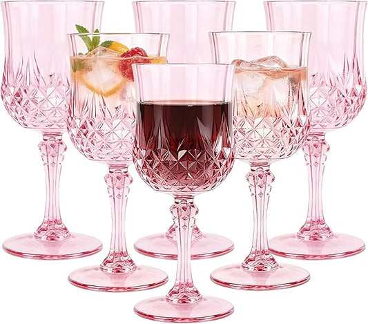 Plastic Wine Glasses, 10OZ Plastic Goblets Vintage Style Cordial Drinking Glasses for Wedding Reception, Grand Event Party Supplies(6, Pink)