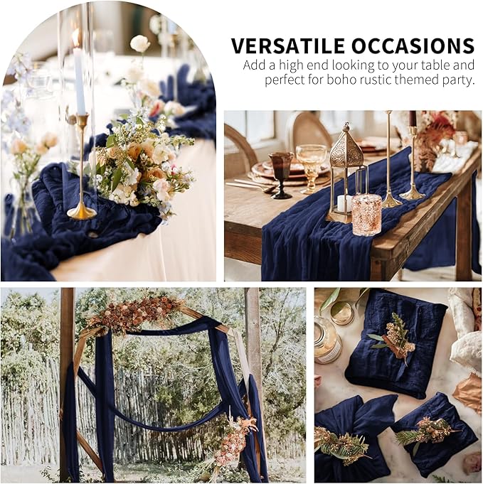 6 Pack Cheesecloth Table Runner,Navy Blue Table Runner Long Romantic Semi Sheer Rustic Boho Gauze Table Runners for Wedding Bridal Shower Birthday Party Decorations(17.7×108 Inch)
