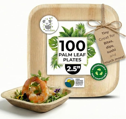 Palm Leaf Plates Bamboo Paper Disposable 2.5 Inch Small Mini Sushi Square Party Plates 100 Pack Bulk Biodegradable Compostable Elegant Alternative To Wooden Plastic Plate By KoalaLove