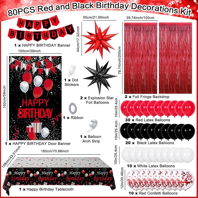 Red and Black Birthday Decorations for Men Women, Red Party Decorations for Boys Girls Happy Birthday Decorations Door Banner, Tablecloth Foil Backdrop Star Balloons for Men Bday Party Supplies