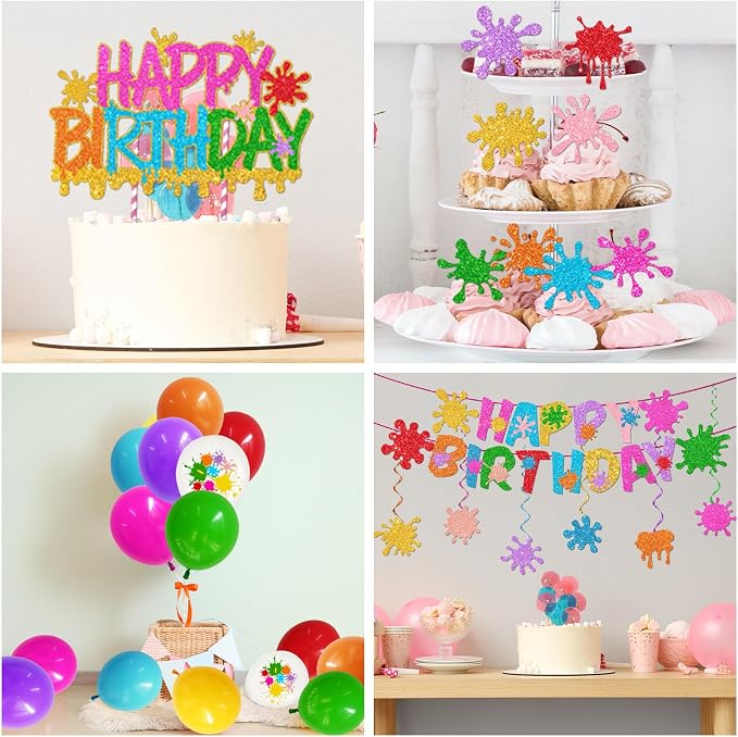 Paint Party Decorations 215Pcs Paint Splatter Party Supplies Art Party Decorations Plates,Napkins,Cups,Balloon,Cake Topper,Tablecloth for Art Painting Party Supplies Birthday Baby Shower Decorations