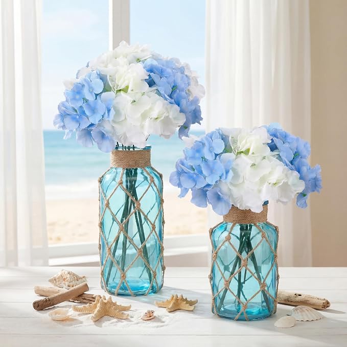 Chuangdi Set of 2 Coastal Glass Vases for Flowers TSITP Flower Vase with Boho Rope Small Sea Glass Jar Nautical Beach Bottle for Wedding Table Centerpieces Floral Arrangement Decor(Aqua Blue)