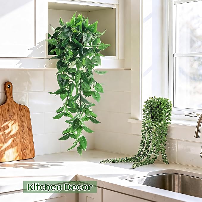 Der Rose 4Pcs Fake Plants Hanging Artificial Ivy Vine Faux Eucalyptus Hanging Plants, Boston Fern, String of Pearls for Living Room Aesthetic Bedroom Boho Kitchen Wall Shelf Indoor Outdoor Decor