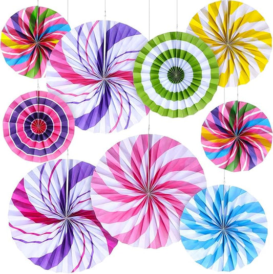 Outus Hanging Paper Fans Decorations Candy Party Classroom Decoration Colorful Peppermint Candy Paper Fan Ceiling Wall Garland for Candyland Themed Birthday Party Supplies(27 Pcs,Classic)