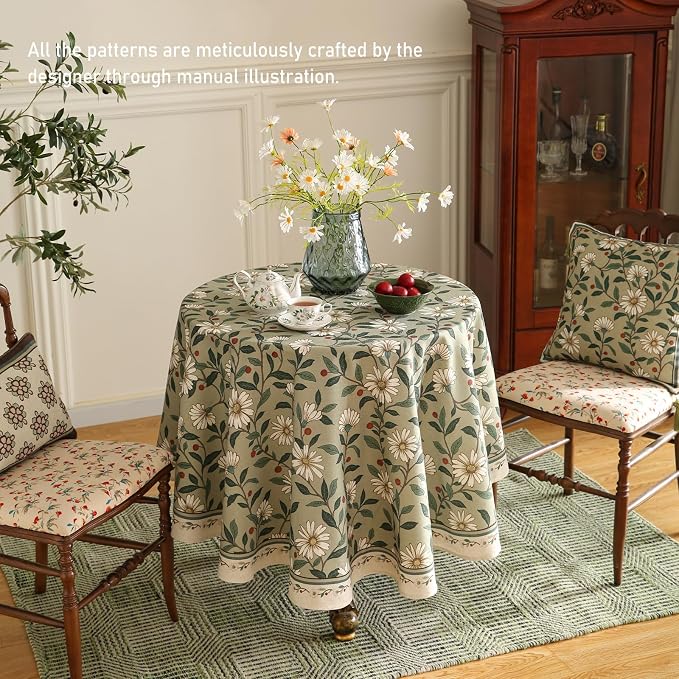 ISAENNE Designer Vintage Linen Green Round Tablecloth,Diameter 55"-Brune | French Elegant Beautiful Table Cloth,Floral Pattern,Heavyweight,Decoration,Dining Room,Tea Party,Kitchen,Thanksgiving