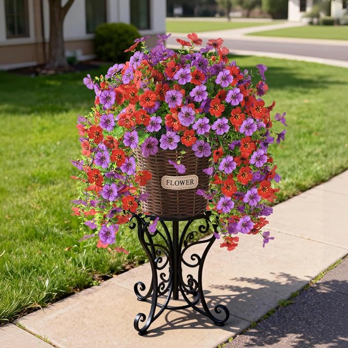 Artificial Flowers Hanging Baskets, 4 Bundles Outdoor Hanging Basket Spring Summer Decoration, No Fade Realistic Fake Flowers Plants for Porch Patio Balcony Home Yard Decor(Red Purple)