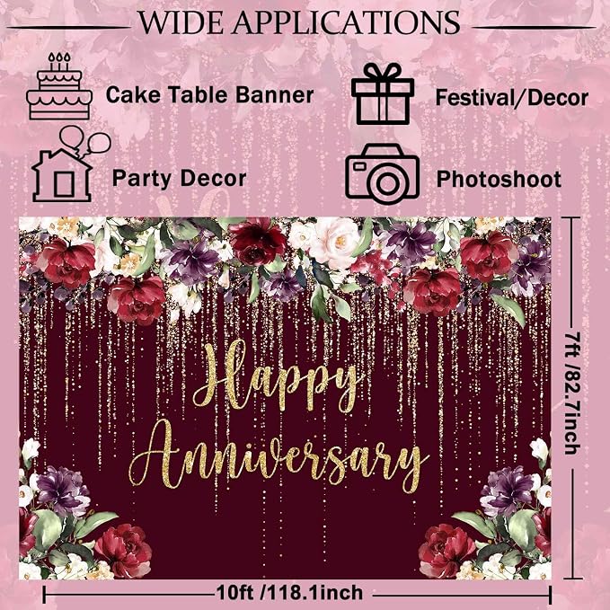 Happy Anniversary Backdrop Party Decorations, Burgundy Flower Wedding Anniversary Party Photography Background Couple Marriage Engagement Commemoration Day Banner Photo Shoot Props 10x7ft