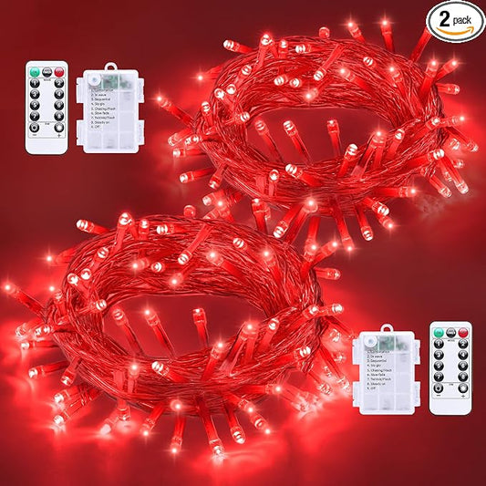 QITONG 2 Pack String Lights Battery Operated, Each 33ft 100 LED Red Christmas Lights Outdoor Waterproof, 8 Modes Clear Wire Twinkle Fairy Lights Indoor with Remote