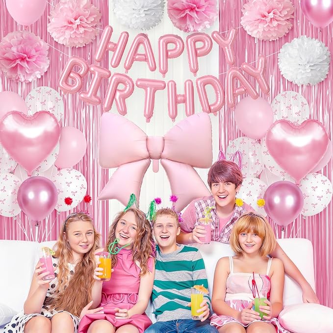 Pink Bow Birthday Decorations for Women Girls, Happy Birthday Balloon Banner with Bow and Heart Foil Balloons Fringe Curtain Tissue Paper Pompoms Garland Party Supplies